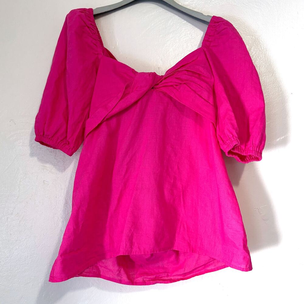 Saks Fifth Avenue NWT Linen Blend Puff Sleeve Open Back Top Fuchsia Size M